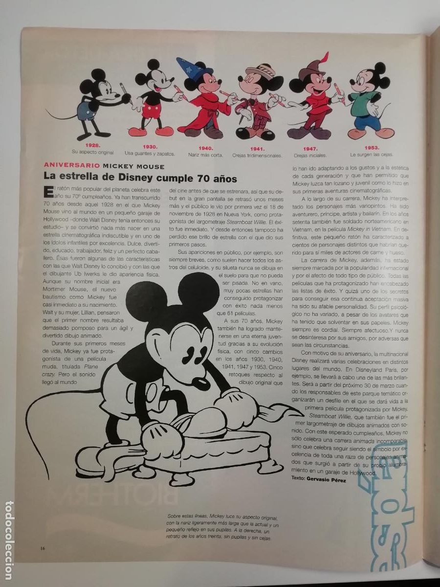 Coleccionismo de revistas y peri&oacute;dicos: Recorte Aniversario Mickey Mouse Dise&ntilde;o Cine Dibujos Animados Arte Gervasio P&eacute;rez