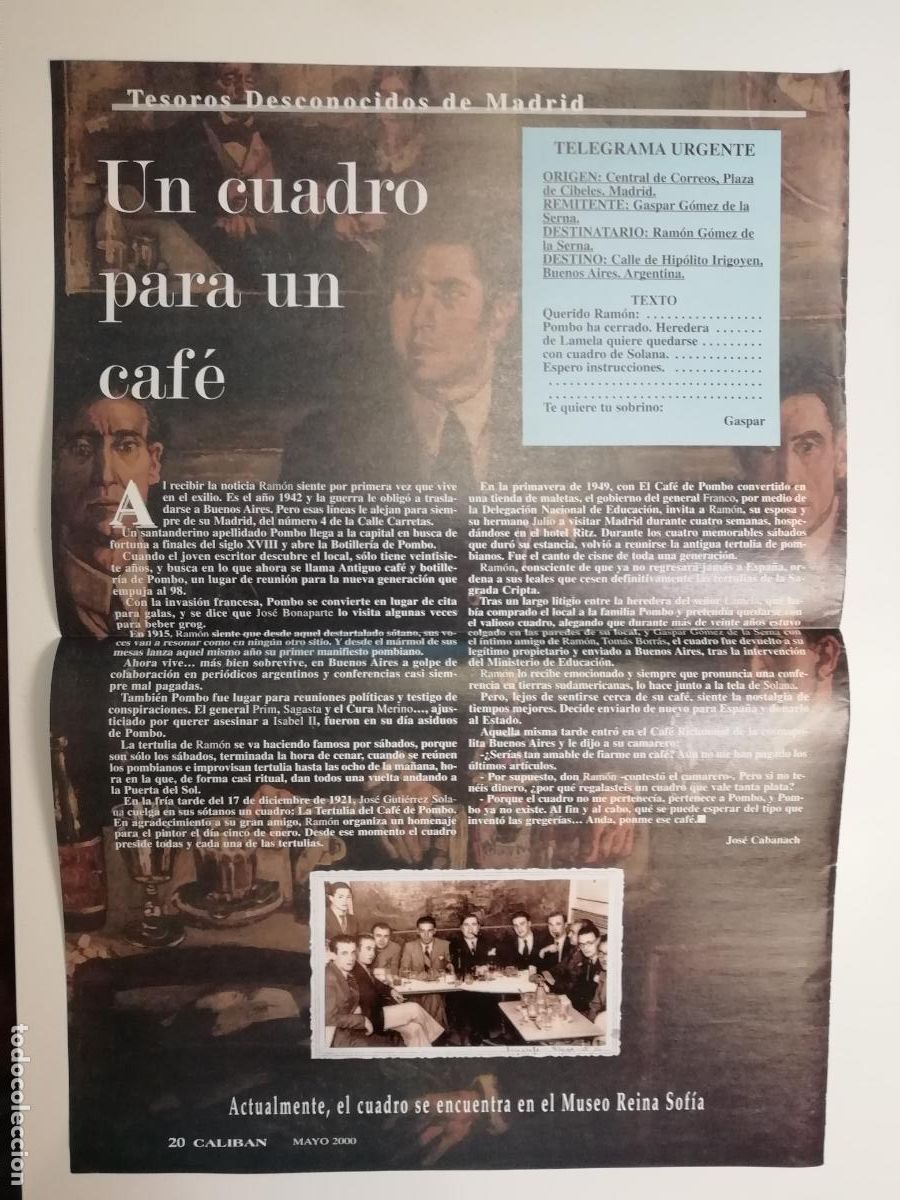 Coleccionismo de Revistas y Peri&oacute;dicos: Recorte Jos&eacute; Cabanach Caliban Mayo 2000 Tertulia Caf&eacute; de Pombo Guti&eacute;rrez Solana G&oacute;mez de la Serna
