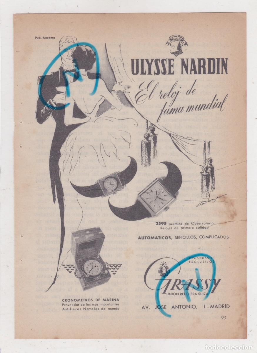 Coleccionismo de Revistas y Peri&oacute;dicos: PUBLICIDAD 1955. ANUNCIO RELOJ ULYSSE NARDIN. REPRESENTANTES EXCLUSIVOS GRASSY. UNION RELOJERA SUIZA