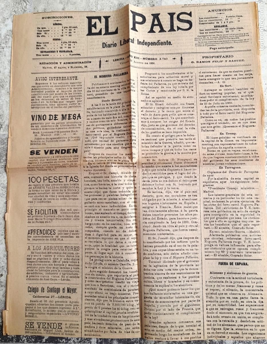 Coleccionismo de Revistas y Peri&oacute;dicos: 1891 21/8 L&Eacute;RIDA 'EL PAIS' DIARIO LIBERAL INDEPENDIENTE n&ordm;3740 CLAMORES GENERALES POR EL FERROCARRIL