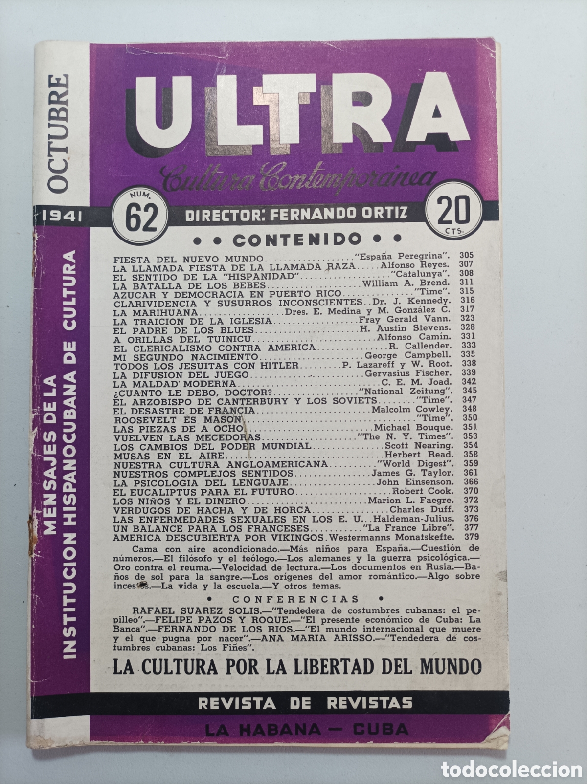 Coleccionismo de Revistas y Peri&oacute;dicos: Cuba,revista ultra,cultura contempor&aacute;nea de Fernando Ortiz,n&uacute;m.62,a&ntilde;o 1941