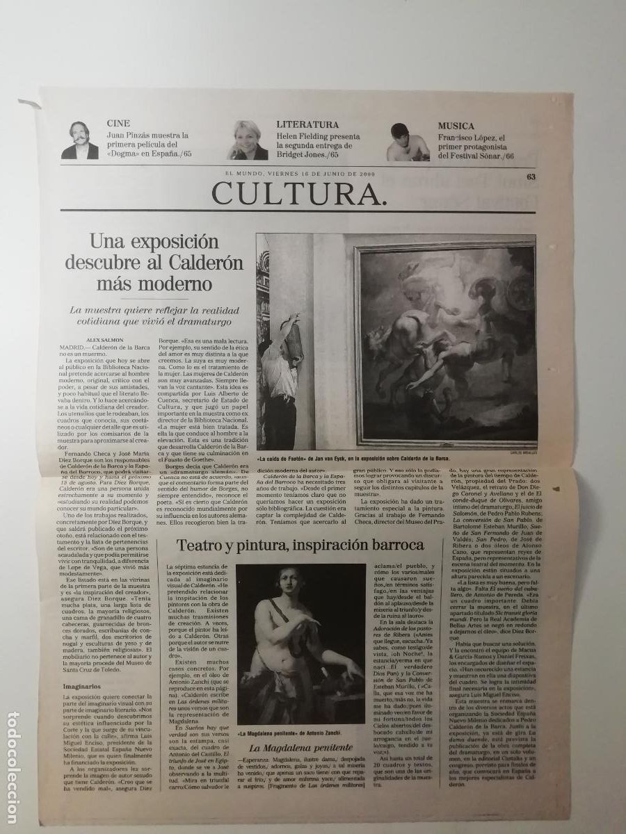 Coleccionismo de Revistas y Peri&oacute;dicos: Recorte Expo Calder&oacute;n de la Barca Biblioteca Nacional Festival S&oacute;nar El Mundo 16 VI 2000