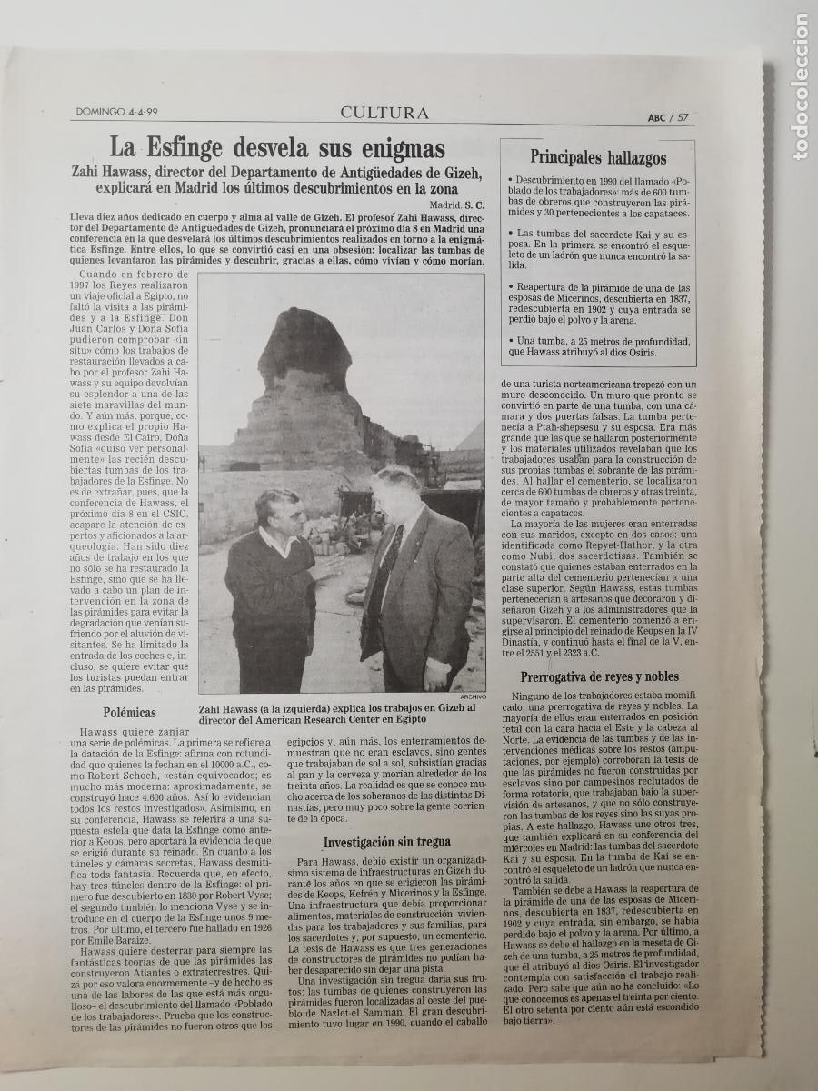 Coleccionismo de Revistas y Peri&oacute;dicos: Recorte Descubrimientos Gizeh Zahi Hawass Antiguo Egipto Arqueolog&iacute;a ABC 4 abril 1999