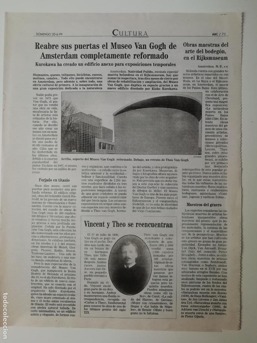 Coleccionismo de Revistas y Peri&oacute;dicos: Recorte Reapertura Museo van Gogh &Aacute;msterdam Rijksmuseum Mar&iacute;a Guerrero ABC 4 abril 1999