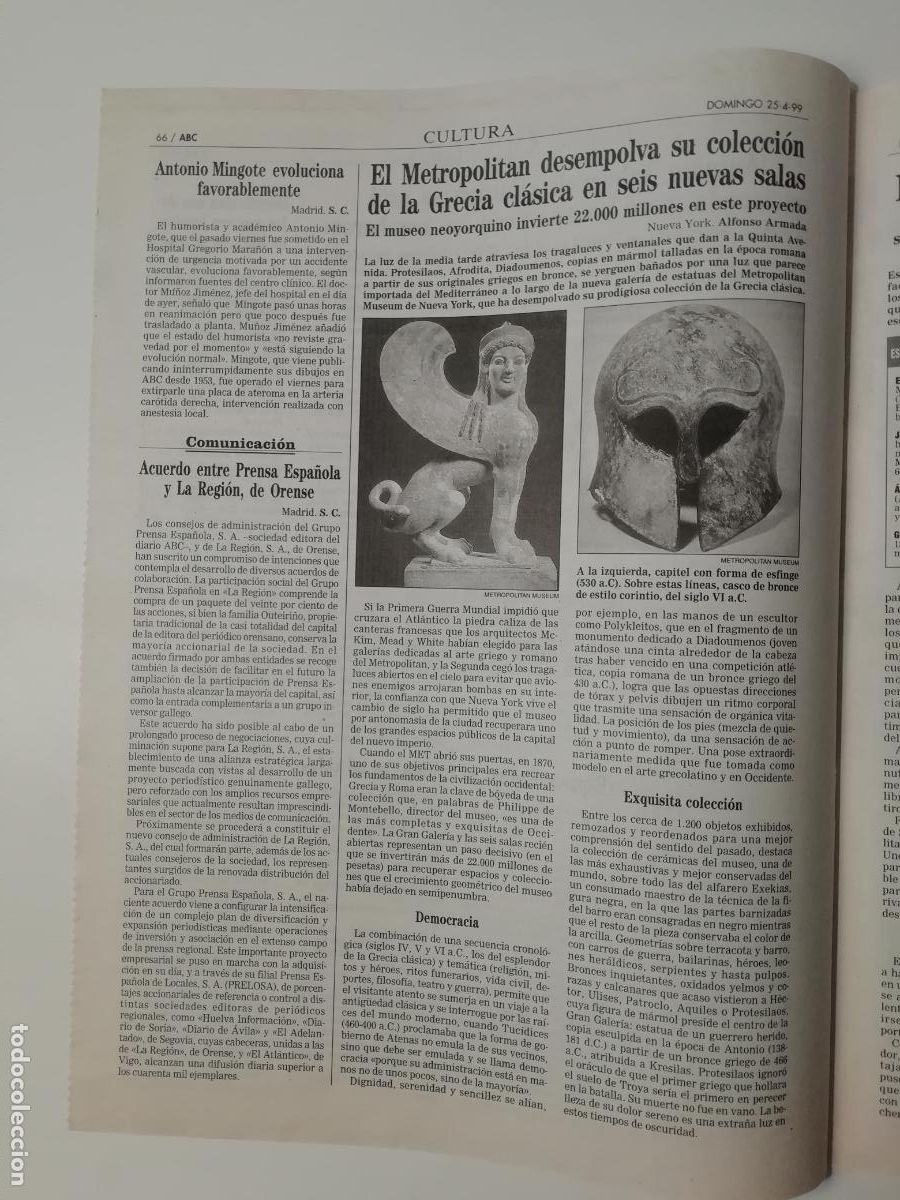 Coleccionismo de Revistas y Peri&oacute;dicos: Recorte Salas Grecia cl&aacute;sica Metropolitan Museum Antonio Tabucchi Mingote ABC 25 abril 1999
