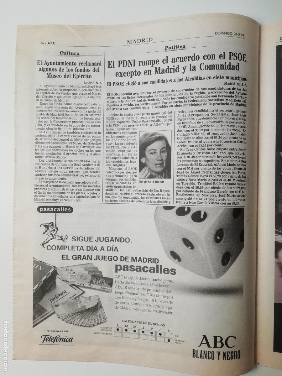 Coleccionismo de Revistas y Peri&oacute;dicos: Recorte Reclamaci&oacute;n Fondos Museo del Ej&eacute;rcito Ayuntamiento Madrid ABC 28 febrero 1999