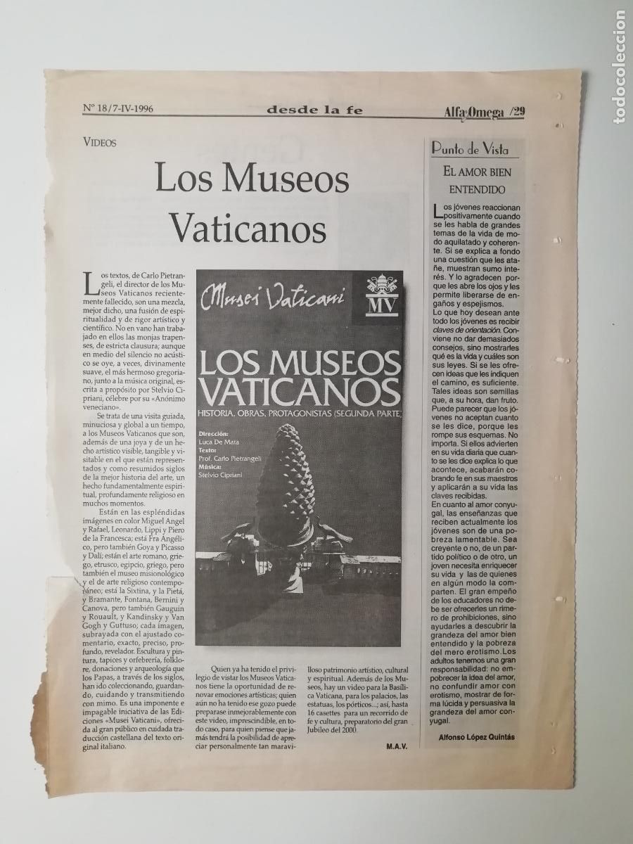 Coleccionismo de Revistas y Peri&oacute;dicos: Recorte Los Museos Vaticanos Alfa y Omega ABC 7 junio 1996