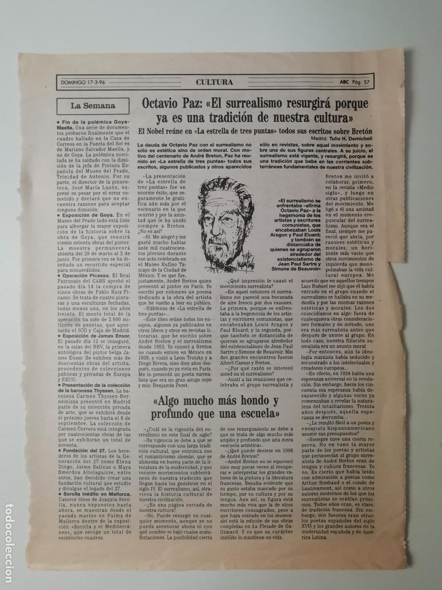 Coleccionismo de Revistas y Peri&oacute;dicos: Recorte Octavio Paz Comisi&oacute;n obra Goya Francisco Ayala Einstein Juan Catavella ABC 17 marzo 1996