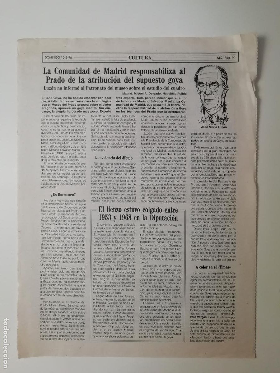 Coleccionismo de Revistas y Peri&oacute;dicos: Recorte Atribuci&oacute;n Goya Maella Pintura Museo del Prado Comunidad de Madrid &Aacute;ngeles ABC 10 marzo 1996