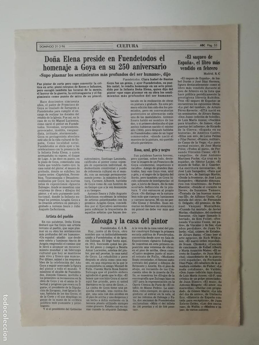 Coleccionismo de Revistas y Peri&oacute;dicos: Recorte 250 aniv Goya Homenaje Fuendetodos Zuloaga Museo Libro Leonardo da Vinci ABC 31 marzo 1996
