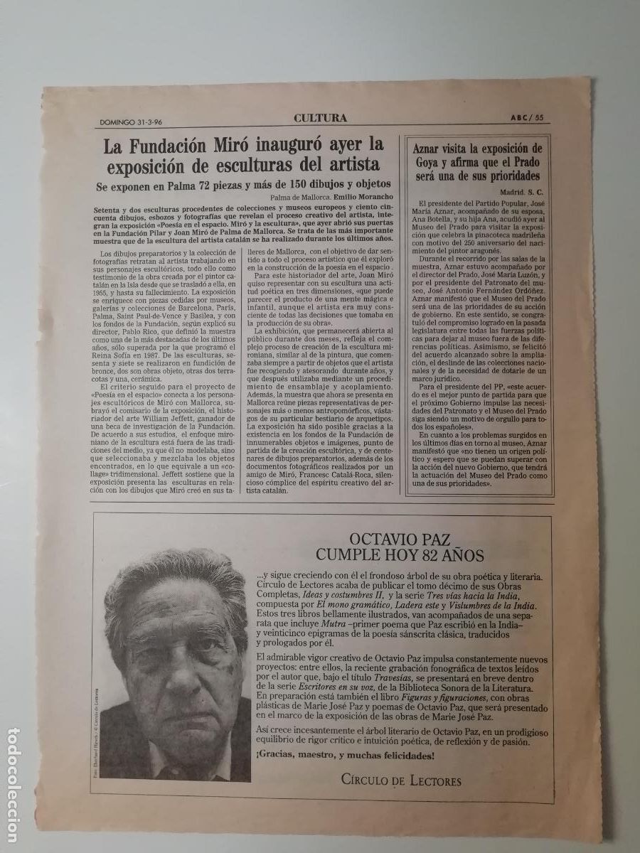 Coleccionismo de Revistas y Peri&oacute;dicos: Recorte Fundaci&oacute;n Mir&oacute; Escultura Expo Goya Museo del Prado Octavio Paz ABC 31 marzo 1996