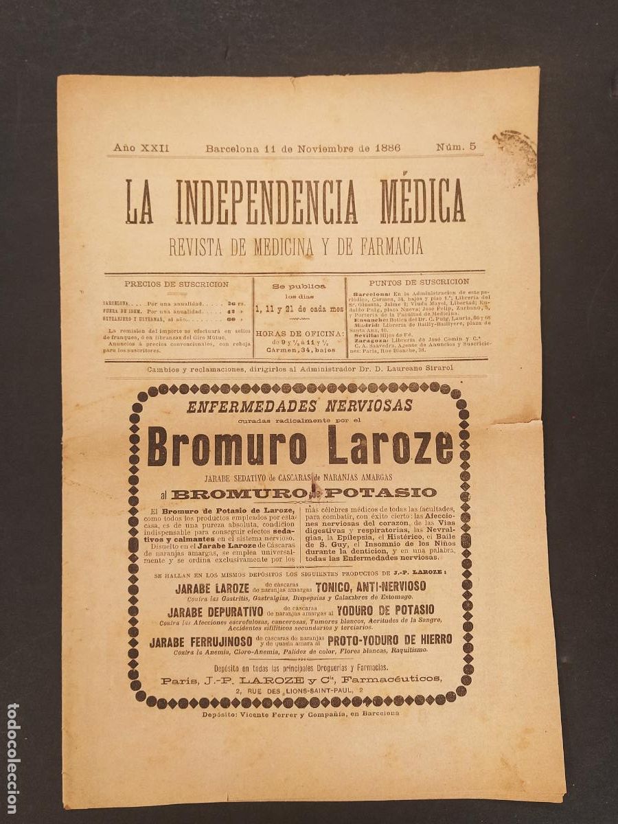 Collection Magazines and Newspapers: LA INDEPENDENCIA MEDICA - NUMERO 5 A&Ntilde;O 1886 - REVISTA DE MEDICINA Y FARMACIA -VER FOTOS-(V-25.138)