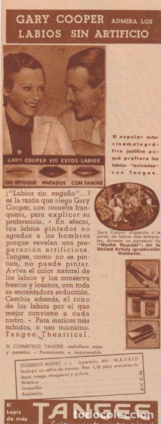 Coleccionismo de Revistas y Peri&oacute;dicos: Publicidad L&aacute;piz de labios TANGEE con imagen de Gary Cooper - 1936