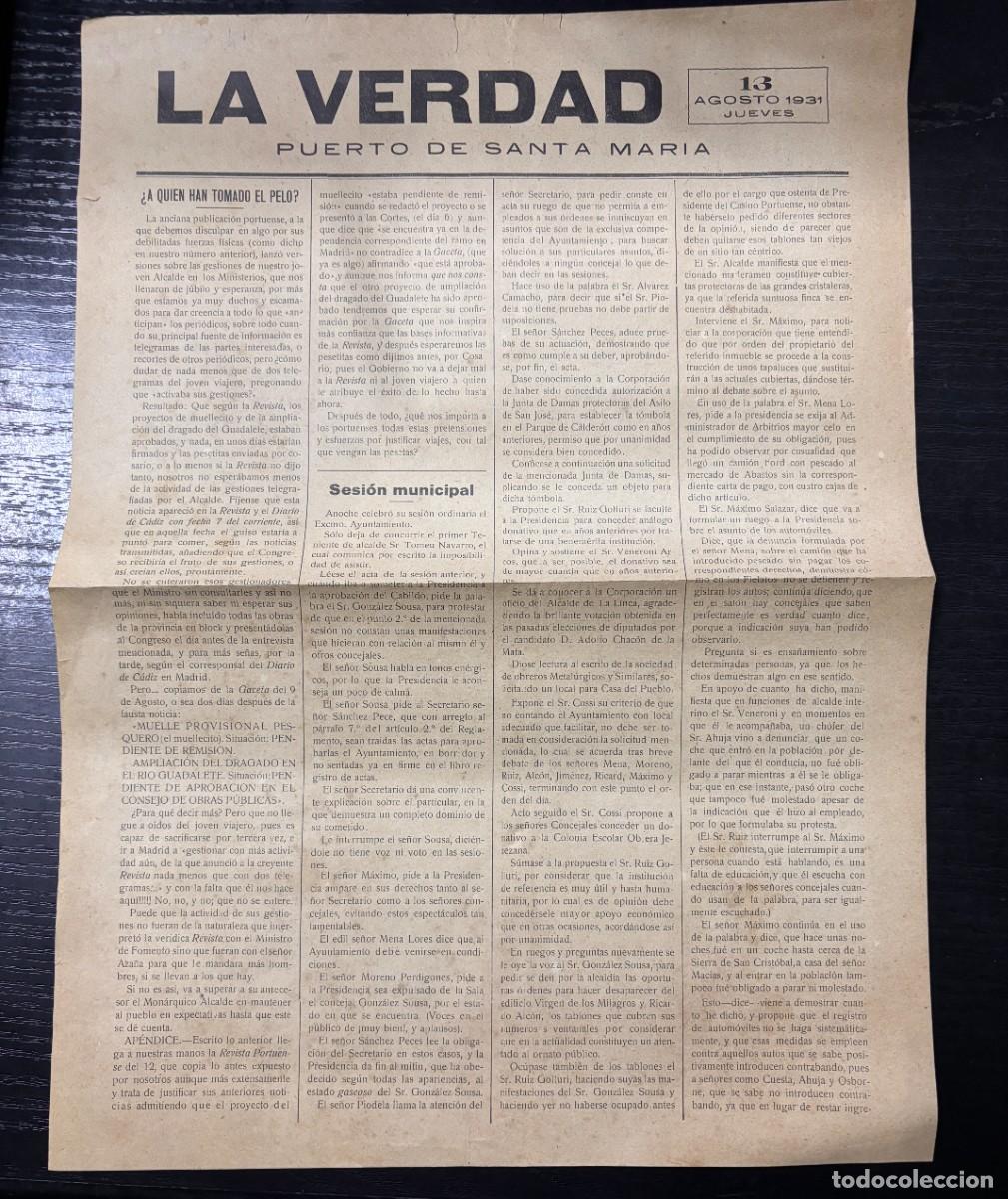 Colecionismo de Revistas e Jornais: PERI&Oacute;DICO PASO A LA VERDAD. PUERTO SANTA MARIA. 13 AGOSTO 1931. VER FOTOS