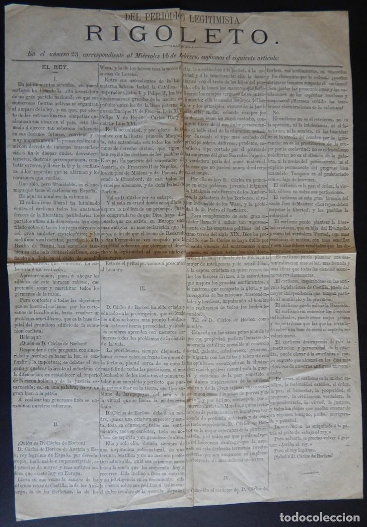 Collection Magazines and Newspapers: Hoja / Del Peri&oacute;dico legitimista Rigoleto - En el n&uacute;mero 23 / El Rey - D. Carlos de Bob&oacute;n ...