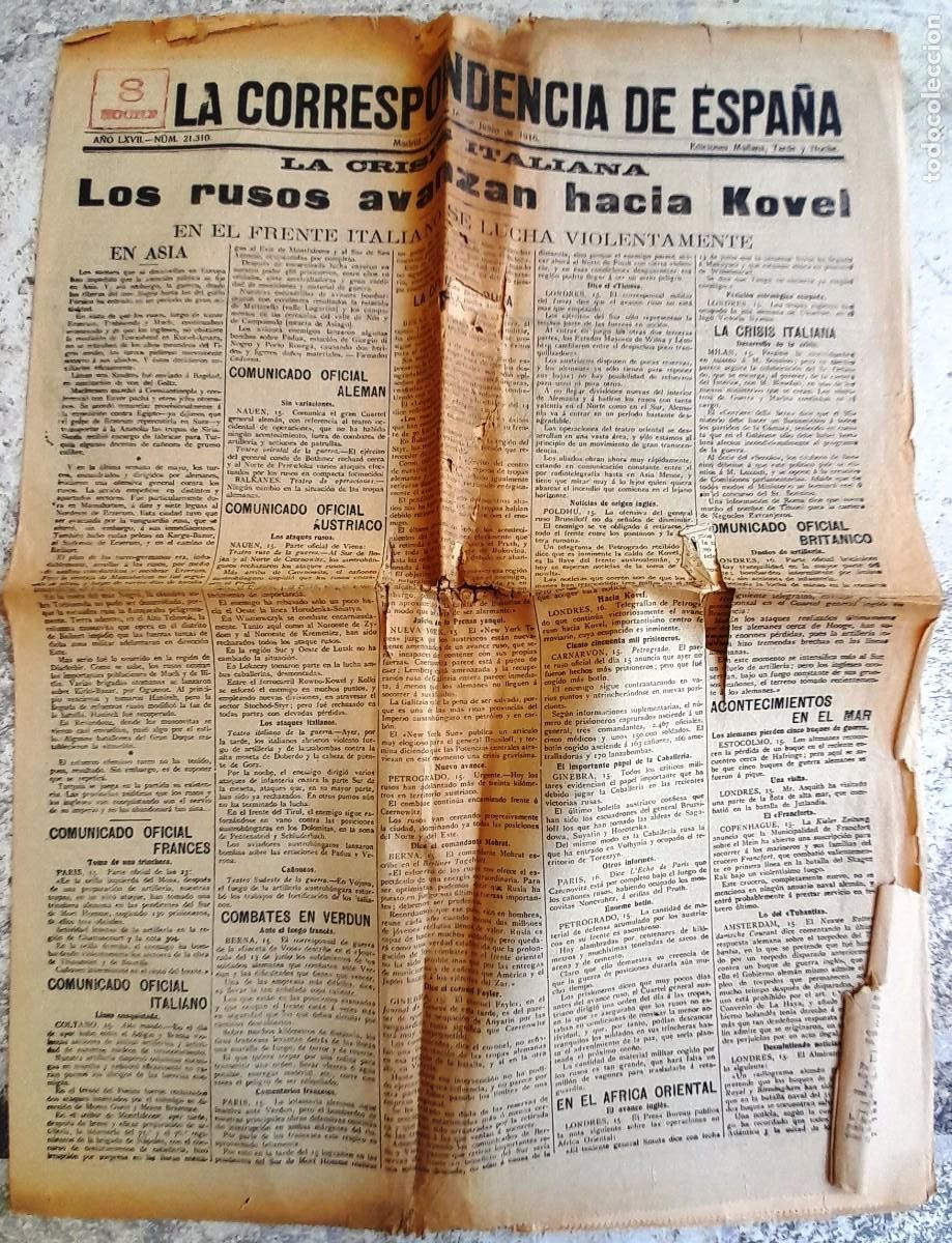 Coleccionismo de Revistas y Peri&oacute;dicos: 1916 16/6 MADRID ''LA CORRESPONDENCIA DE ESPA&Ntilde;A'' INFORMACIONES 1&ordf; GUERRA MUNDIAL