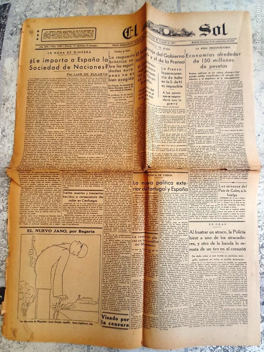 Coleccionismo de Revistas y Peri&oacute;dicos: 1935 29/9 MADRID ''EL SOL'' DIARIO INDEPENDIENTE N&Uacute;M. 5648