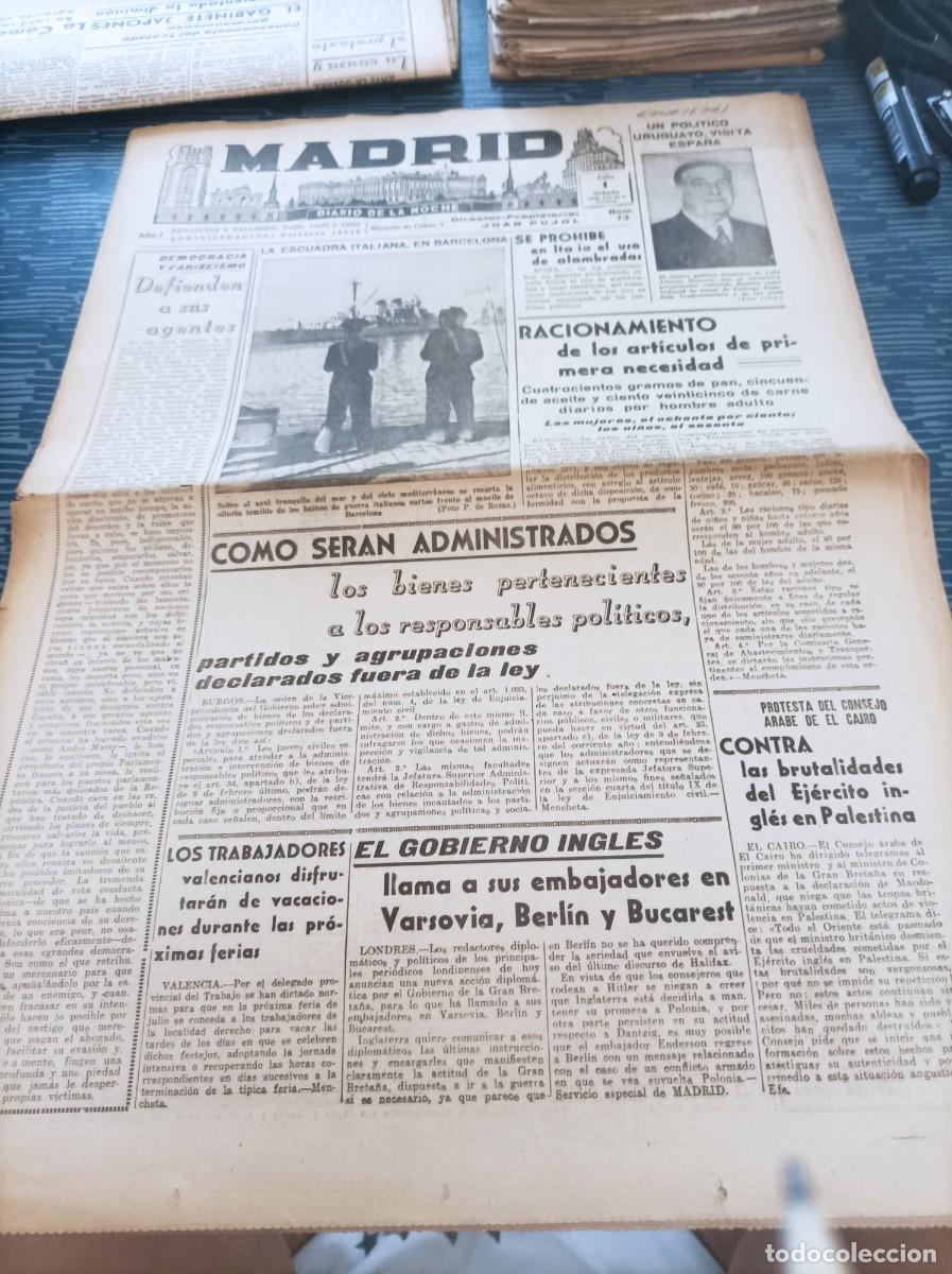 Collectionnisme de Revues et Journaux: MADRID, DIARIO DE LA NOCHE,N.73,1 JULIO 1939, RACIONAMIENTO DE ART&Iacute;CULOS DE PRIMERA NECESIDAD,LEER