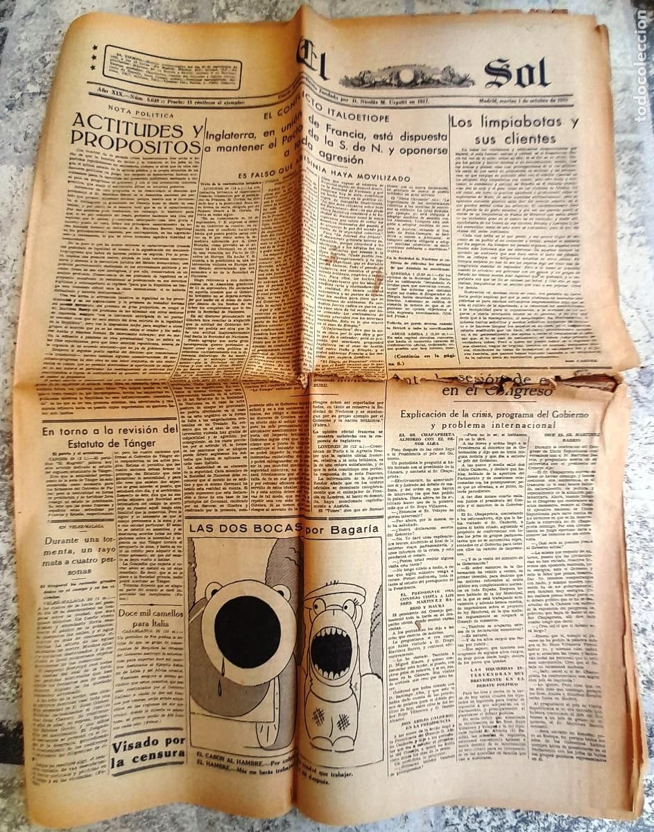 Coleccionismo de Revistas y Peri&oacute;dicos: 1935 1/10 MADRID ''EL SOL'' DIARIO INDEPENDIENTE N&Uacute;M. 5649