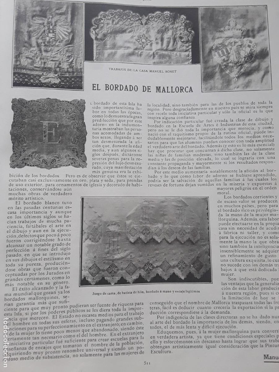 Collezionismo di Riviste e Giornali: EL BORDADO DE MALLORCA TRABAJOS DE LA CASA MANUEL BONET MUJER MALLORQUINA HOJA A&Ntilde;O 1911