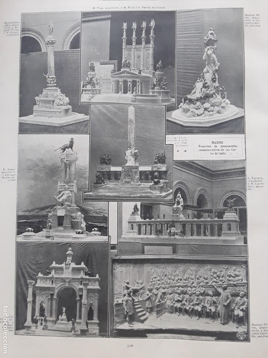 Collezionismo di Riviste e Giornali: PROYECTOS DE MONUMENTOS CONMEMORATIVOS DE LAS CORTES DE CADIZ MADRID ESCULTURA HOJA A&Ntilde;O 1911