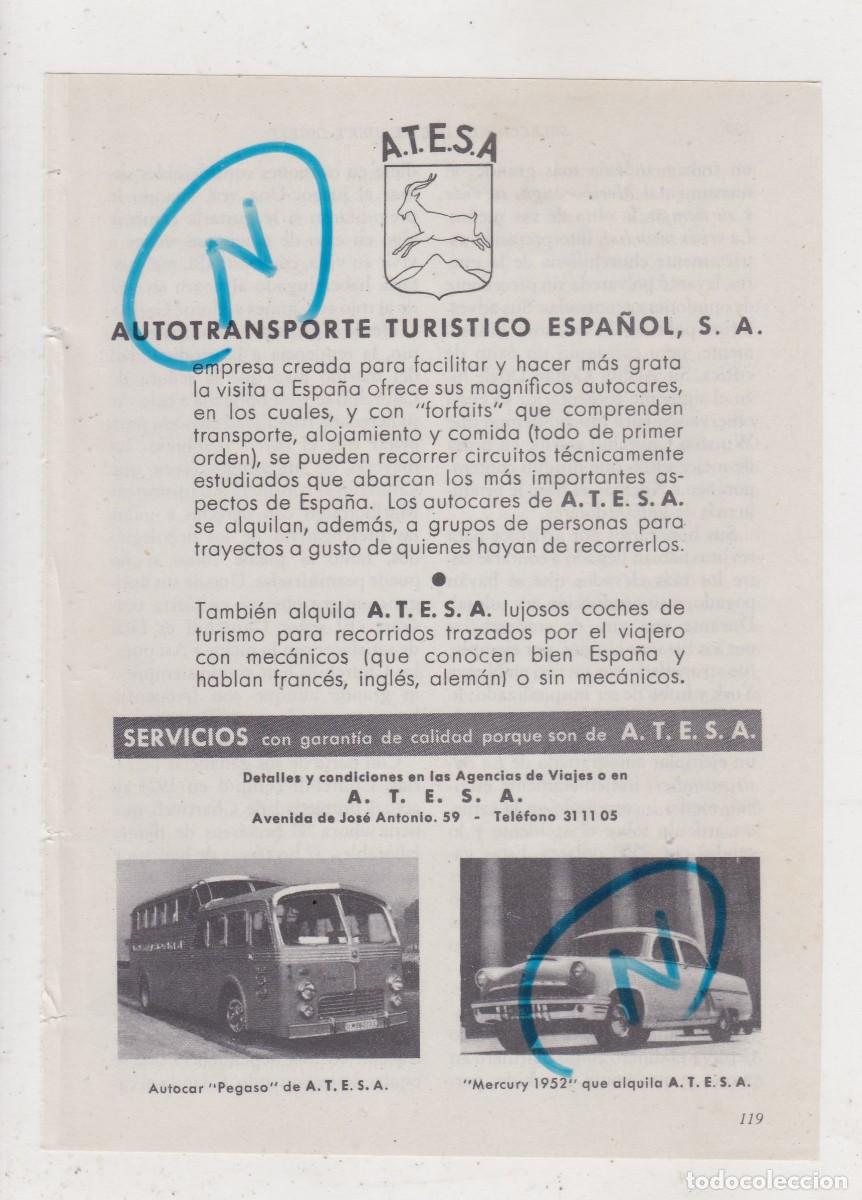 Coleccionismo de Revistas y Peri&oacute;dicos: PUBLICIDAD 1952. ANUNCIO A.T.E.S.A. AUTOTRANSPORTE TURISTICO ESPA&Ntilde;OL, S.A. AUTOCAR PEGASO Y MERCURY