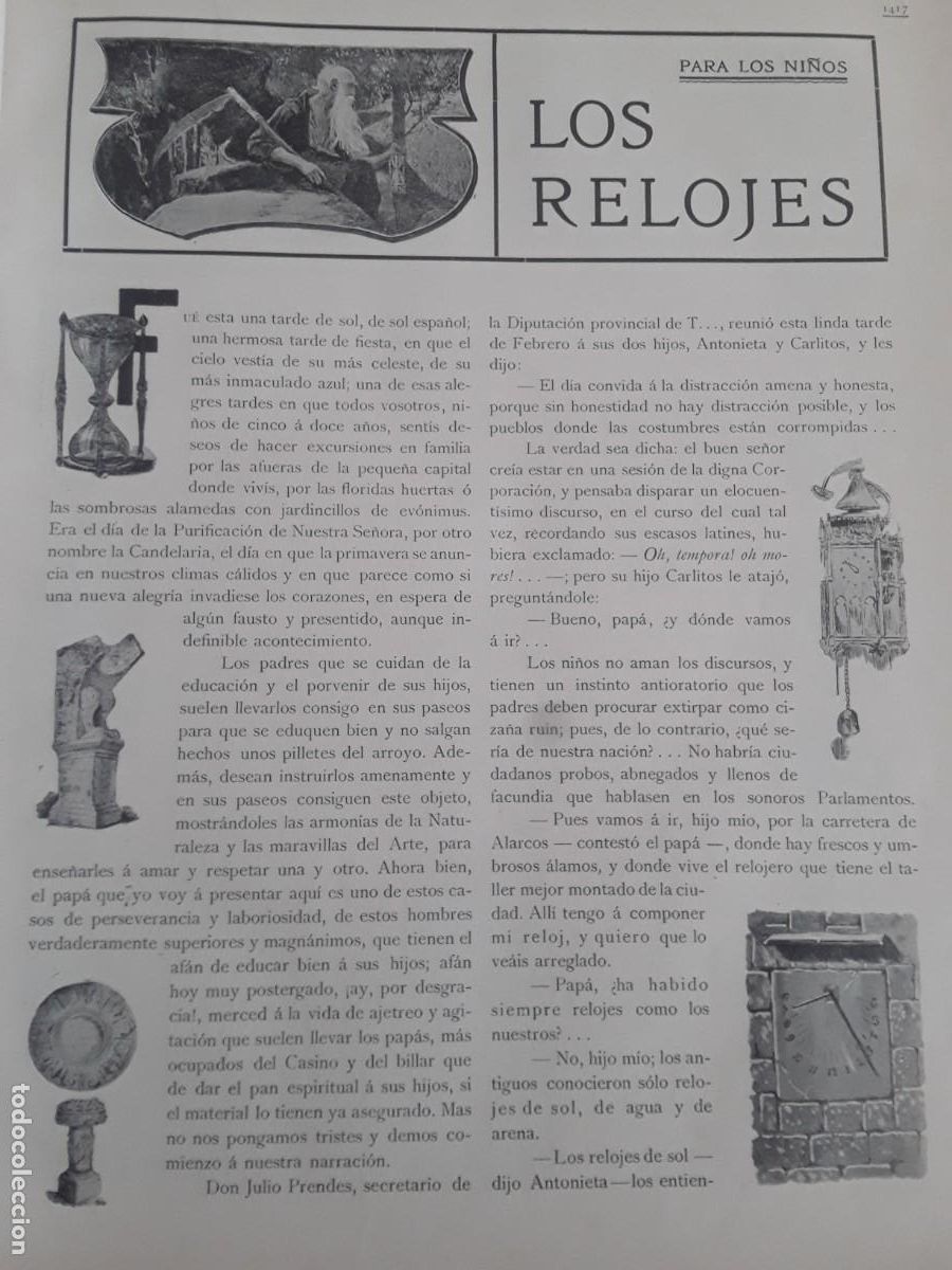 Colecionismo de Revistas e Jornais: LOS RELOJES PARA LOS NI&Ntilde;OS 4 HOJAS REVISTA A&Ntilde;O 1908