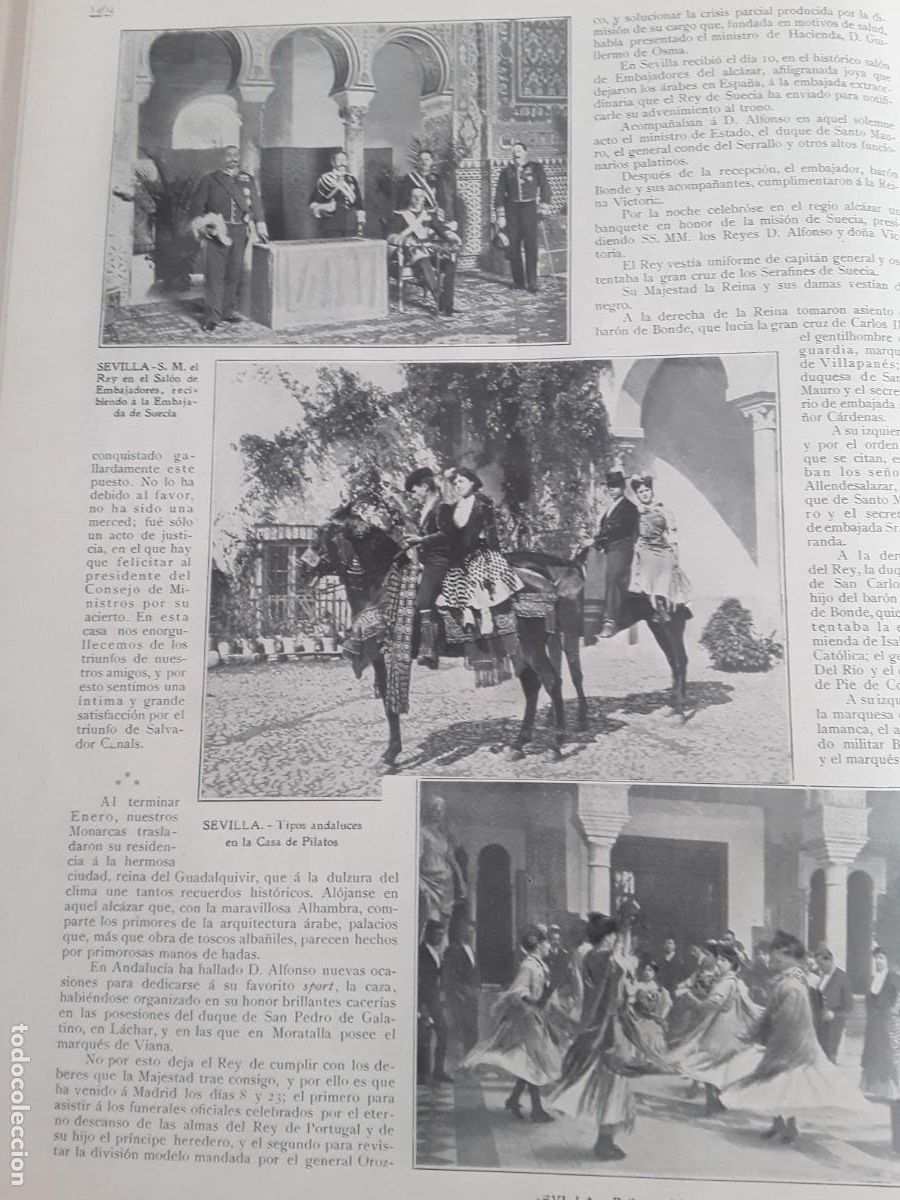 Coleccionismo de revistas y peri&oacute;dicos: LOS REYES ALFONSO XIII EN ANDALUCIA SEVILLA TIPOS ANDALUCES CASA PILATOS HOJA A&Ntilde;O 1908