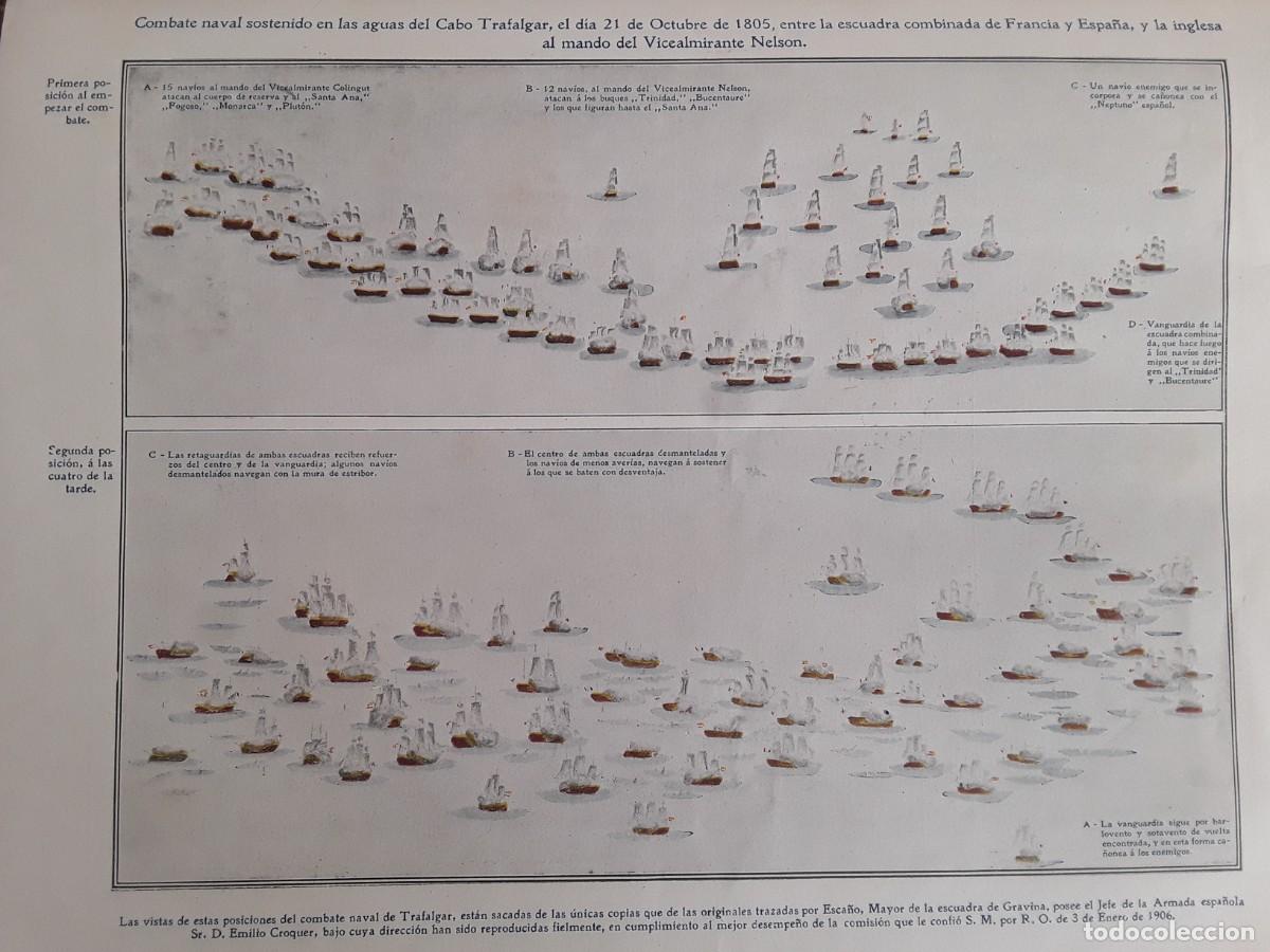 Collezionismo di Riviste e Giornali: VISTAS DE LAS POSICIONES DEL COMBATE NAVAL DE TRAFALGAR 2 HOJAS A&Ntilde;O 1908