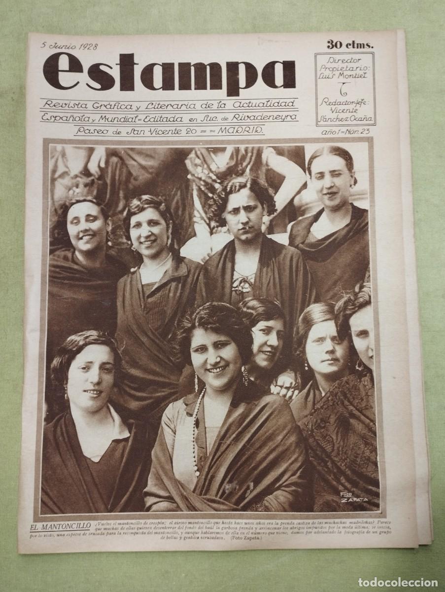 Collectionnisme de Revues et Journaux: Estampa A&ntilde;o 1928 N 23 - Selecci&oacute;n espa&ntilde;ola, Malec&oacute;n de Murcia, tiro femenino, tenis, toros, aviaci&oacute;n