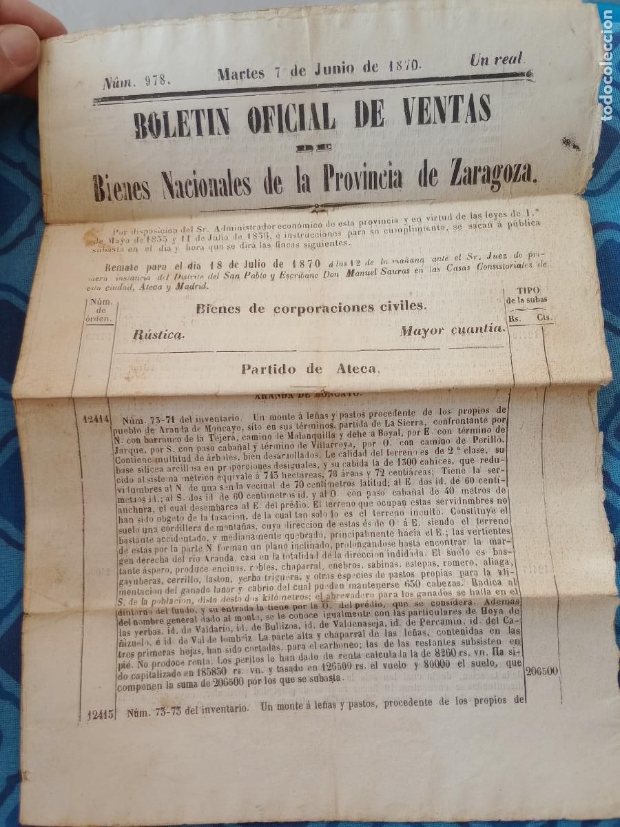 Coleccionismo de revistas y peri&oacute;dicos: ZARAGOZA, BOLETIN OFICIAL DE VENTAS DE BIENES NACIONALES, ARANDA DE MONCAYO 1870, DESAMORTIZACION