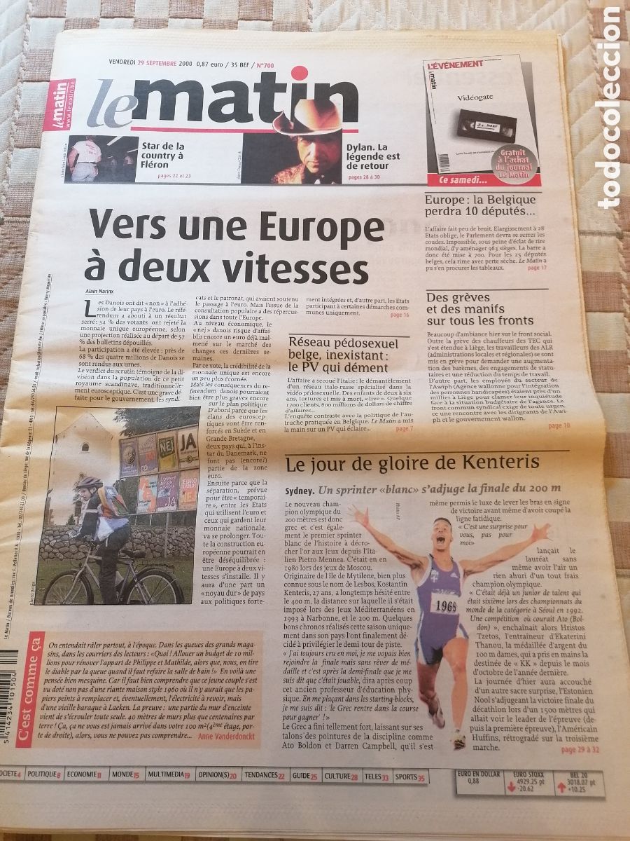 Coleccionismo de Revistas y Peri&oacute;dicos: Peri&oacute;dico Belga Le Matin 29 Septiembre 2000. Bob Dylan,Kostantin Kenteris
