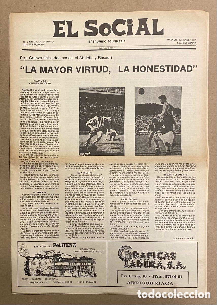 Coleccionismo de revistas y peri&oacute;dicos: EL SOCIAL, BASAURIKO EGUNKARIA N&deg; 2 (1987). PIRU GAINZA, ELECCIONES, POTROTARAINO,&hellip;