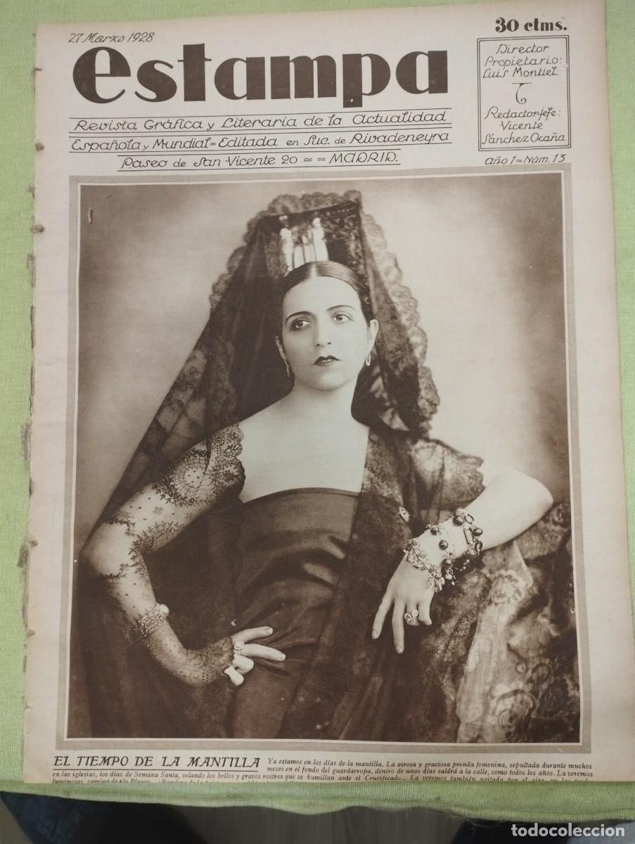 Collectionnisme de Revues et Journaux: ESTAMPA 13 - A&Ntilde;O 1928 - MANTILLA MANOLAS - MONUM. CERVANTES - REFORMATORIO MUJERES - TALLER PLANCHA