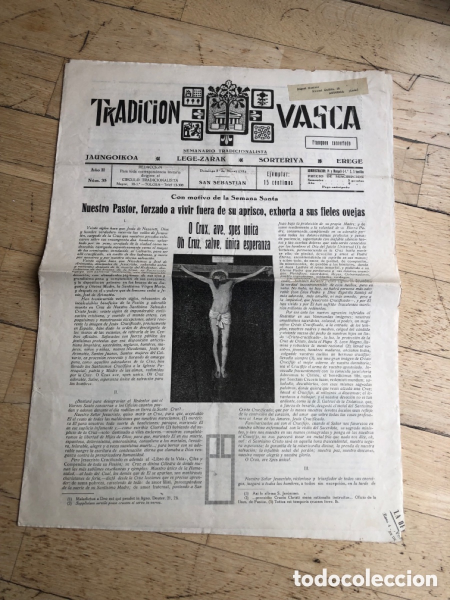 Coleccionismo de Revistas y Peri&oacute;dicos: TRADICION VASCA. Semanario tradicionalista. En el c&iacute;rculo Tolosa. San Sebasti&aacute;n 1932. Carlismo. ASM