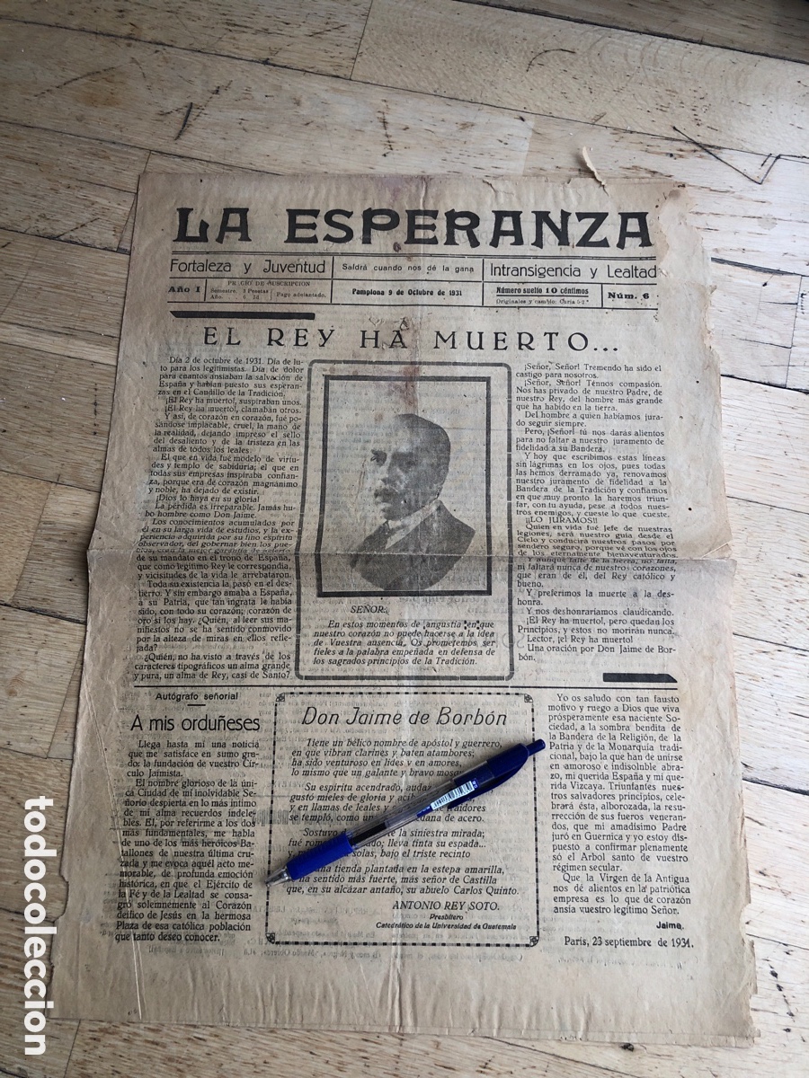 Coleccionismo de Revistas y Peri&oacute;dicos: PERIODICO LA ESPERANZA PAMPLONA 9 OCTUBRE 1931 JAIME DEL BURGO TORRES CARLISTA CARLISMO REQUETE asm