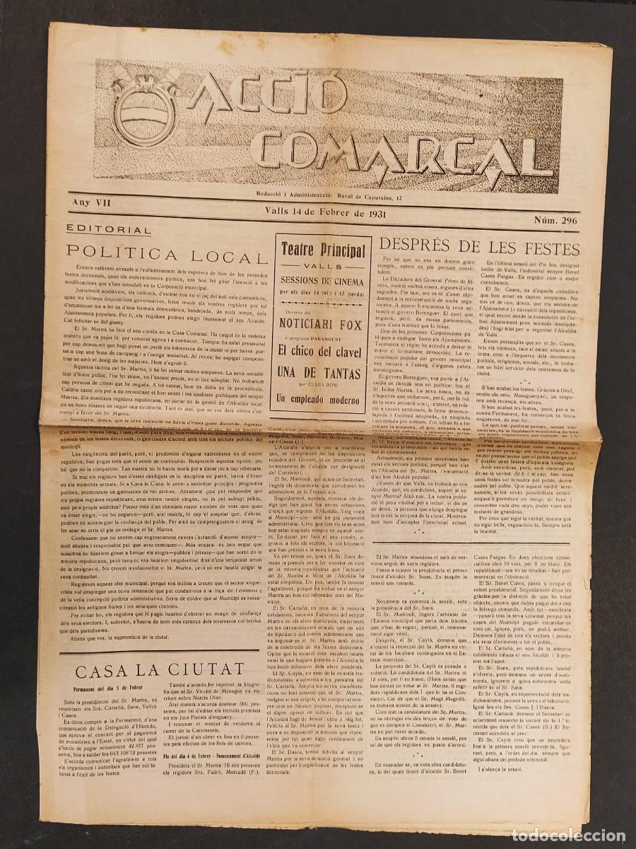 Coleccionismo de Revistas y Peri&oacute;dicos: VALLS - ACCIO COMARCAL - NUMERO 296 ANY 1931 -VEURE FOTOS - ANTIC ORIGINAL