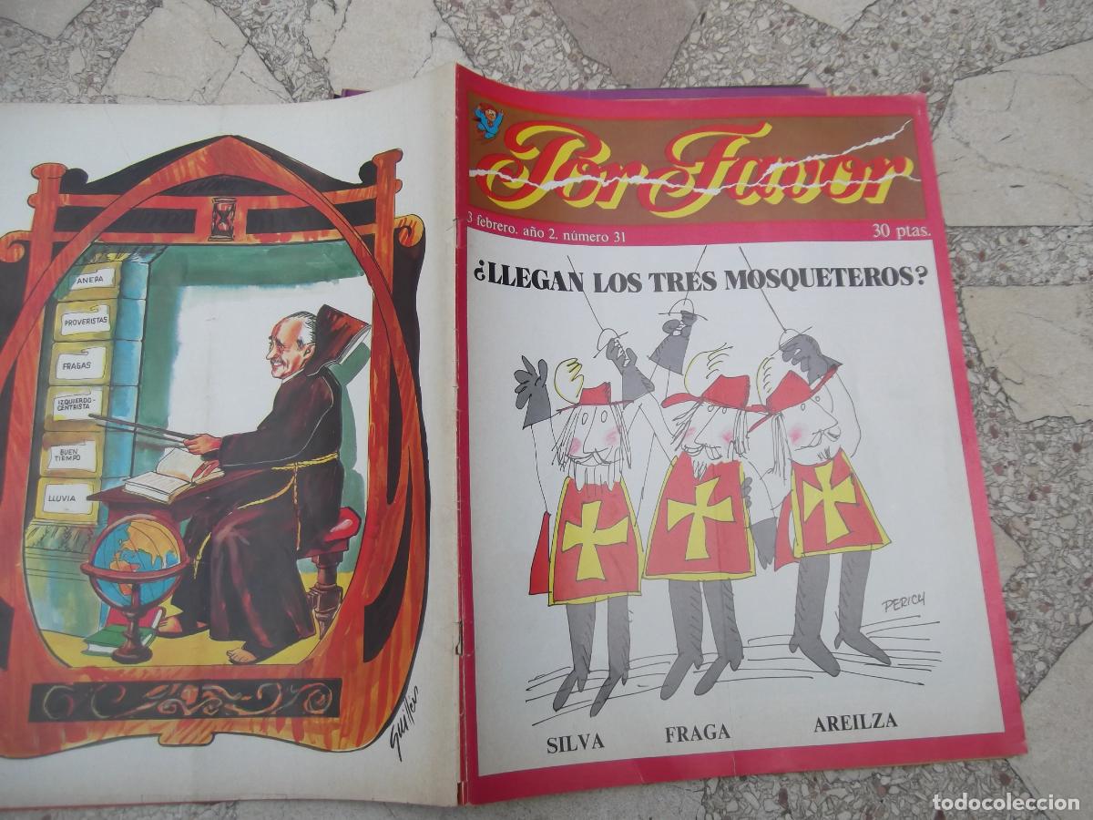 Coleccionismo de revistas y peri&oacute;dicos: revista por favor n&ordm; 31, poster, recortable , llegan los tres mosqueteros silva, fraga, areilza