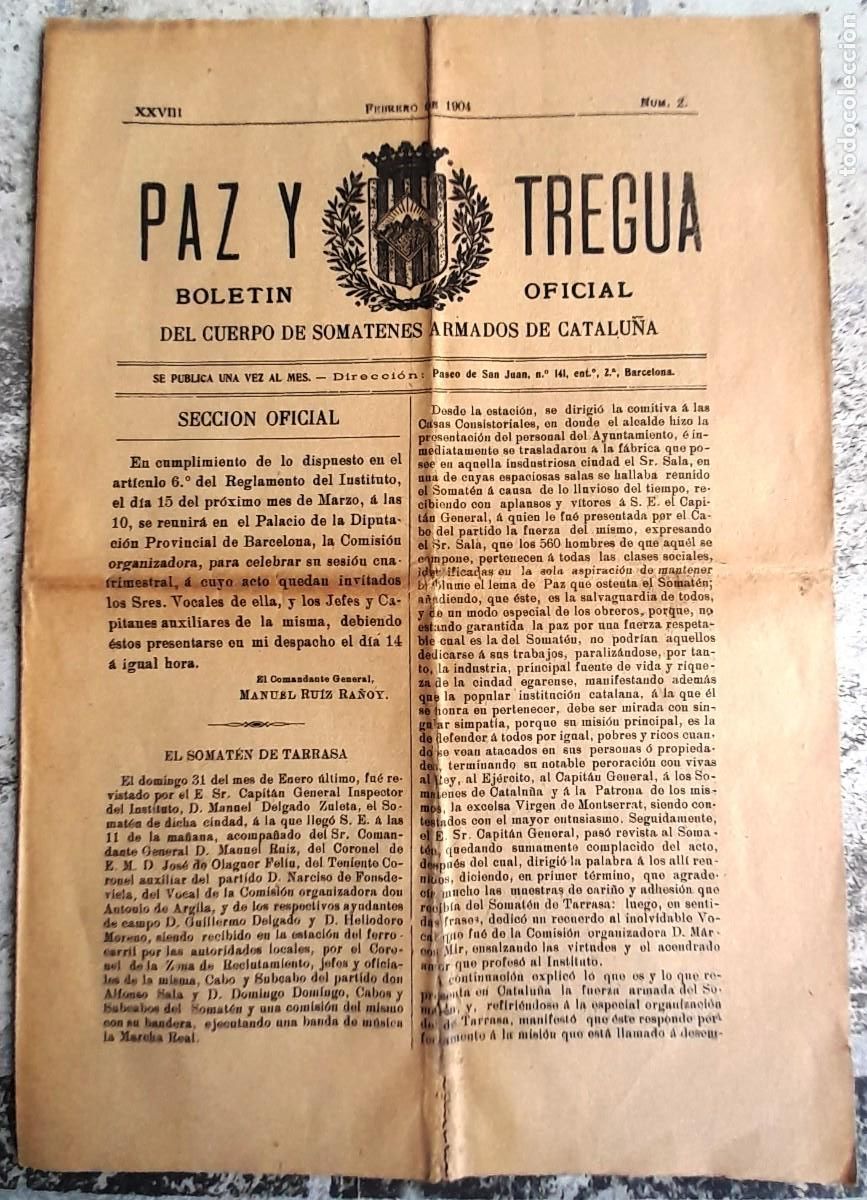 Coleccionismo de Revistas y Peri&oacute;dicos: 1904 'PAZ Y TREGUA' CUERPO DE SOMATENES ARMADOS CATALU&Ntilde;A - DOCUMENTOS CURIOSOS GUERRA INDEPENDENCIA