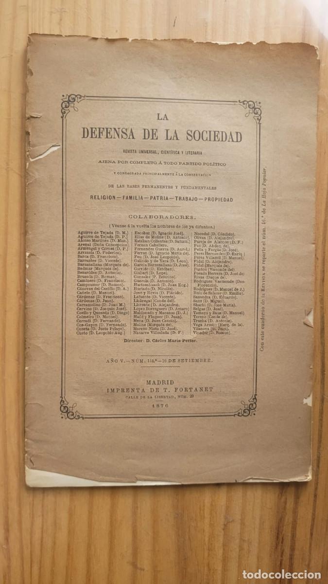 Coleccionismo de revistas y peri&oacute;dicos: LA DEFENSA DE LA SOCIEDAD, REVISTA UNIVERSAL CIENT&Iacute;FICA Y LITERARIA (1876)