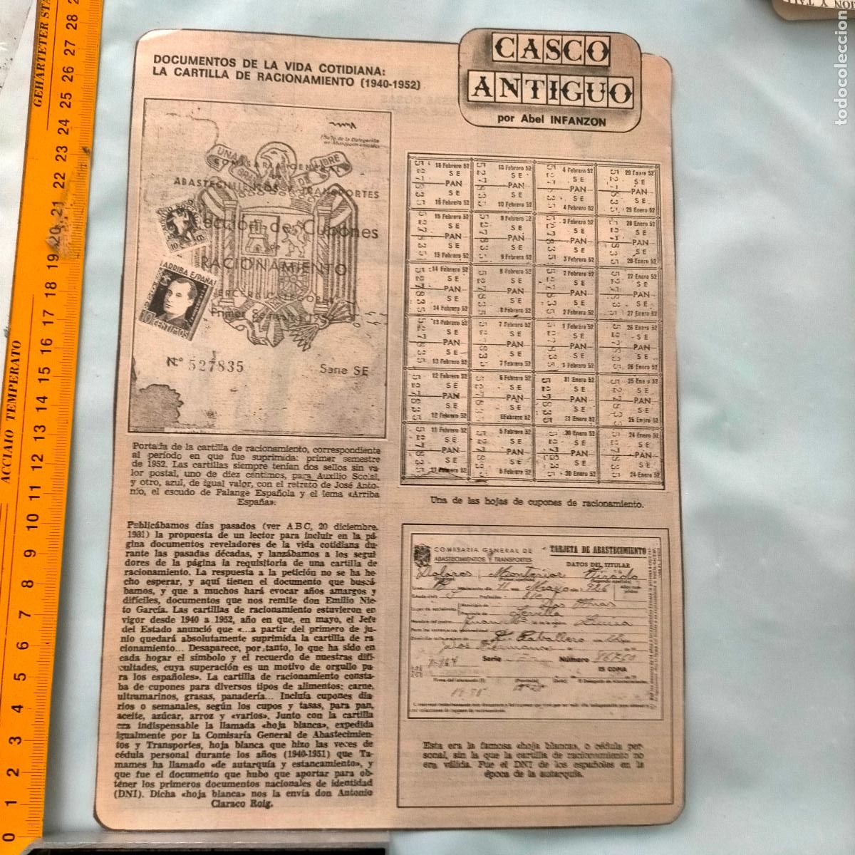Collection Magazines and Newspapers: NOTICIA SEVILLA CASCO ANTIGUO ANTONIO BURGOS - DOCUMENTOS VIDA COTIDIANA, CARTILLA DE RACIONAMIENTO