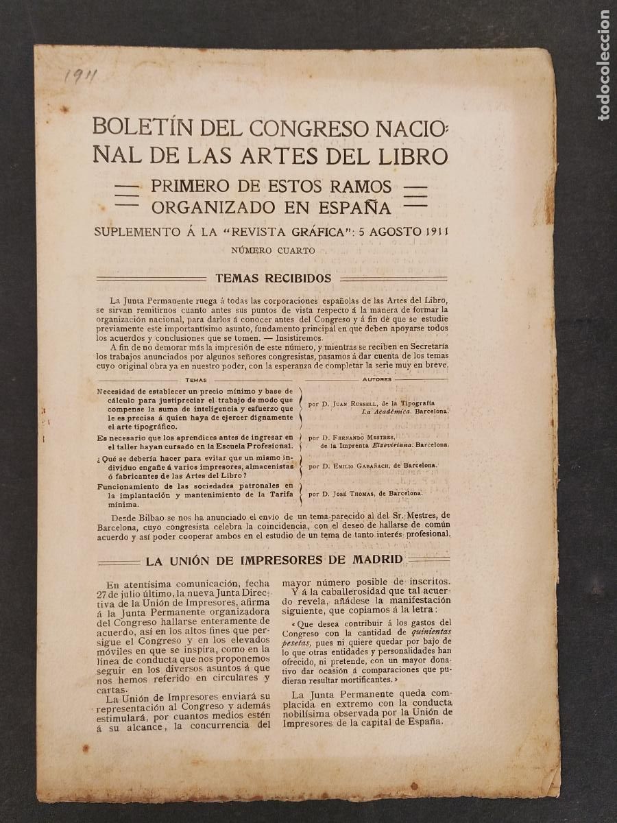 Collection Magazines and Newspapers: BOLETIN DEL CONGRESO NACIONAL DE LAS ARTES DEL LIBRO - A&Ntilde;O 1911 - SUPLEMENTO REVISTA GRAFICA