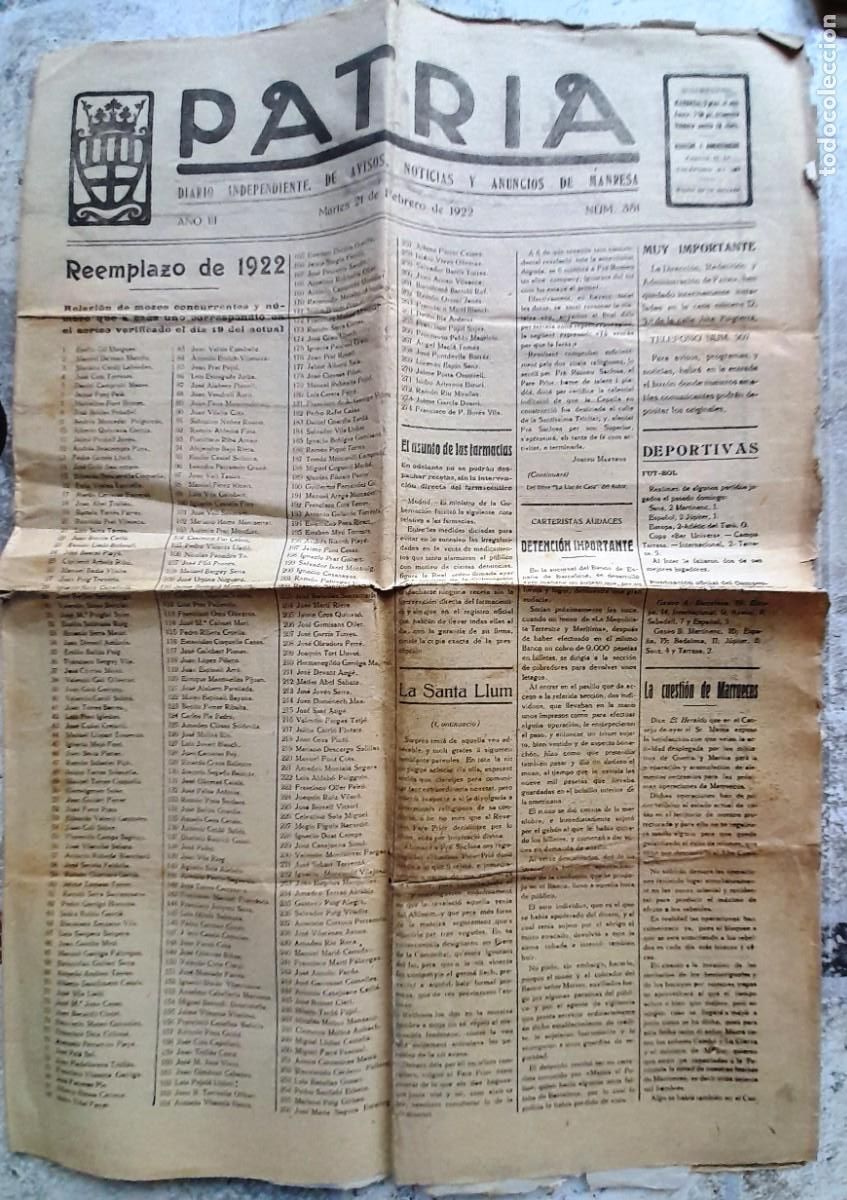Coleccionismo de Revistas y Peri&oacute;dicos: 1922 21/2 MANRESA ''PATRIA'' N&ordm; 351 DIARIO INDEPENDIENTE DE AVISOS, NOTICIAS Y ANUNCIOS - REEMPLAZO