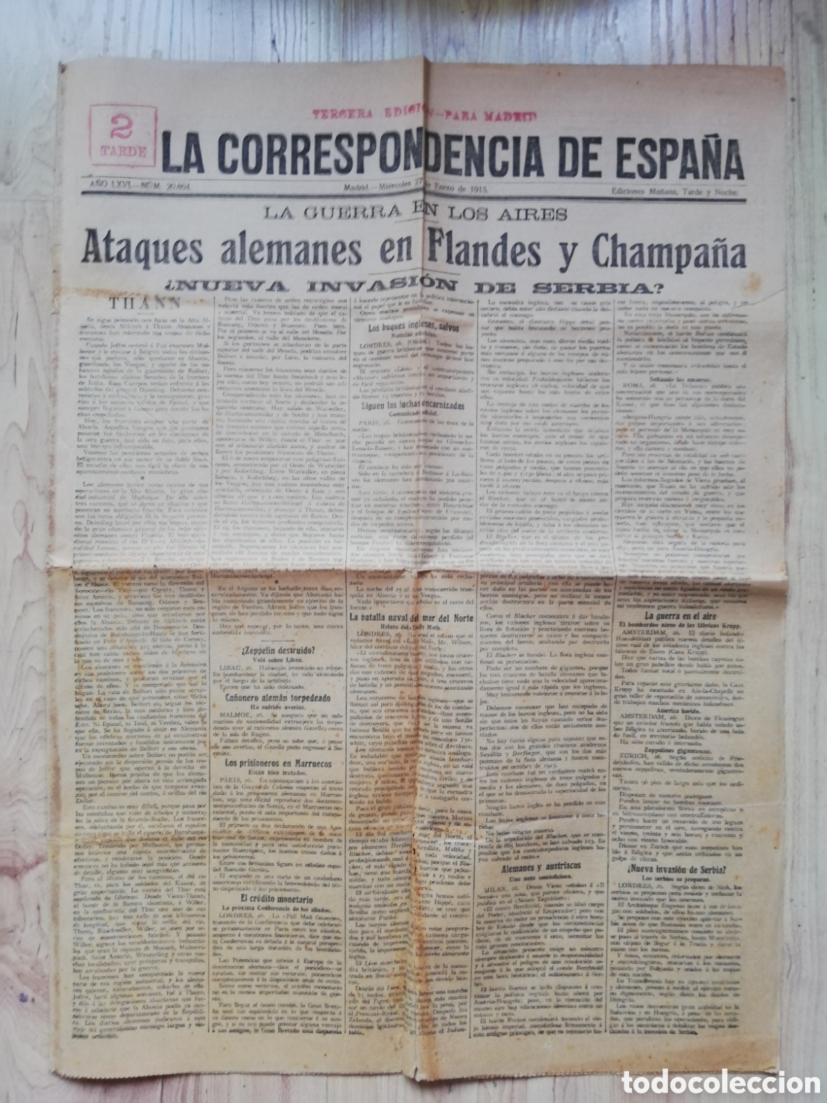 Coleccionismo de revistas y peri&oacute;dicos: Peri&oacute;dico La correspondencia de Espa&ntilde;a. Mi&eacute;rcoles 27 Enero 1915. Guerra Aires. Ataques alemanes