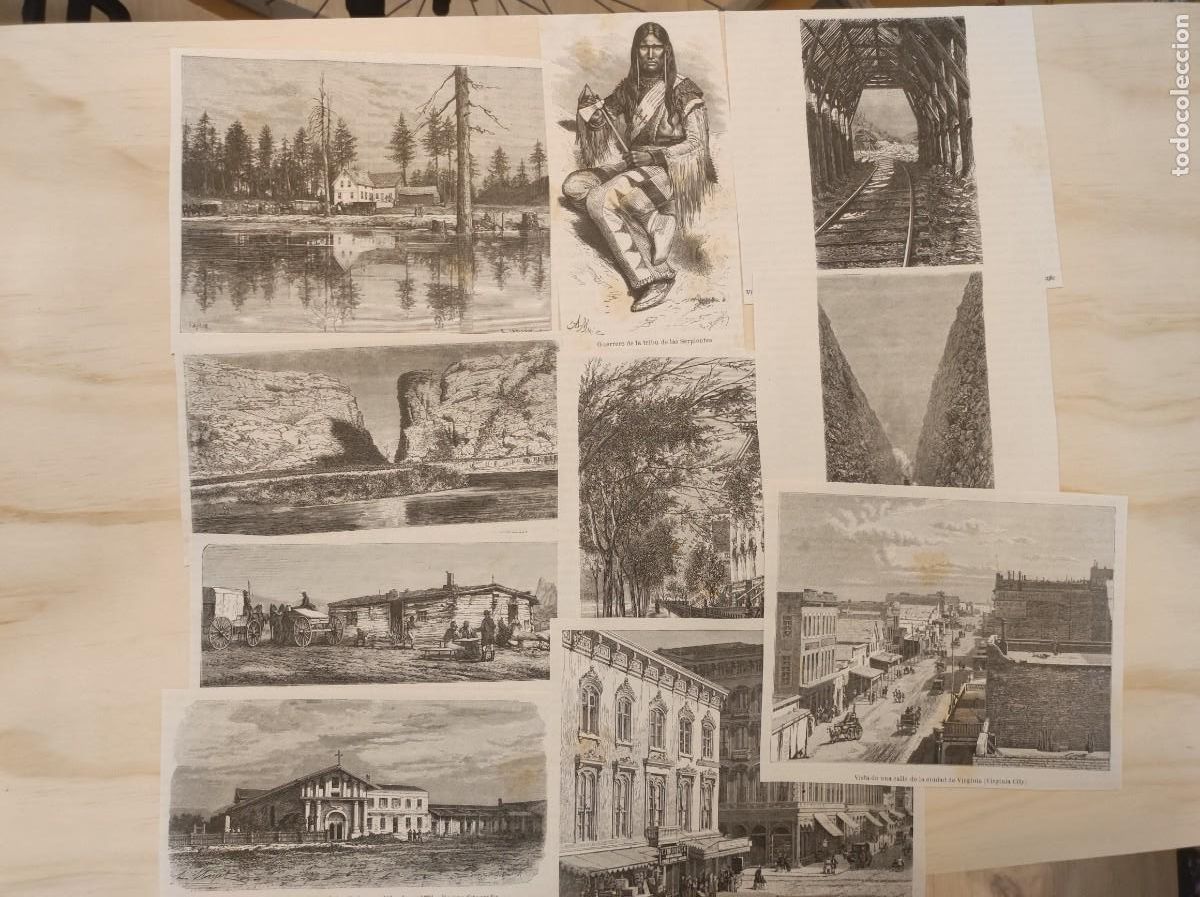 Coleccionismo de Revistas y Peri&oacute;dicos: LOTE 15 GRABADOS DE LIBRO ORIGINALES SIGLO XIX. PERSONAJES Y PAISAJES ESTADOS UNIDOS. APACHES. LAGO
