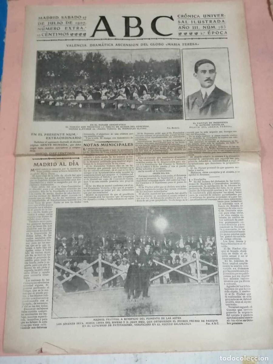 Coleccionismo de Revistas y Peri&oacute;dicos: ABC 27 JULIO 1907. VALENCIA, DRAMATICA ASCENSION DEL GLOBO MARIA TERESA