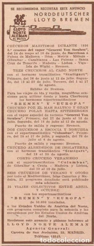 Coleccionismo de revistas y peri&oacute;dicos: * L&Iacute;NEAS DE NAVEGACI&Oacute;N * Publicidad naviera Norddeutscher Lloyd Bremen - 1936