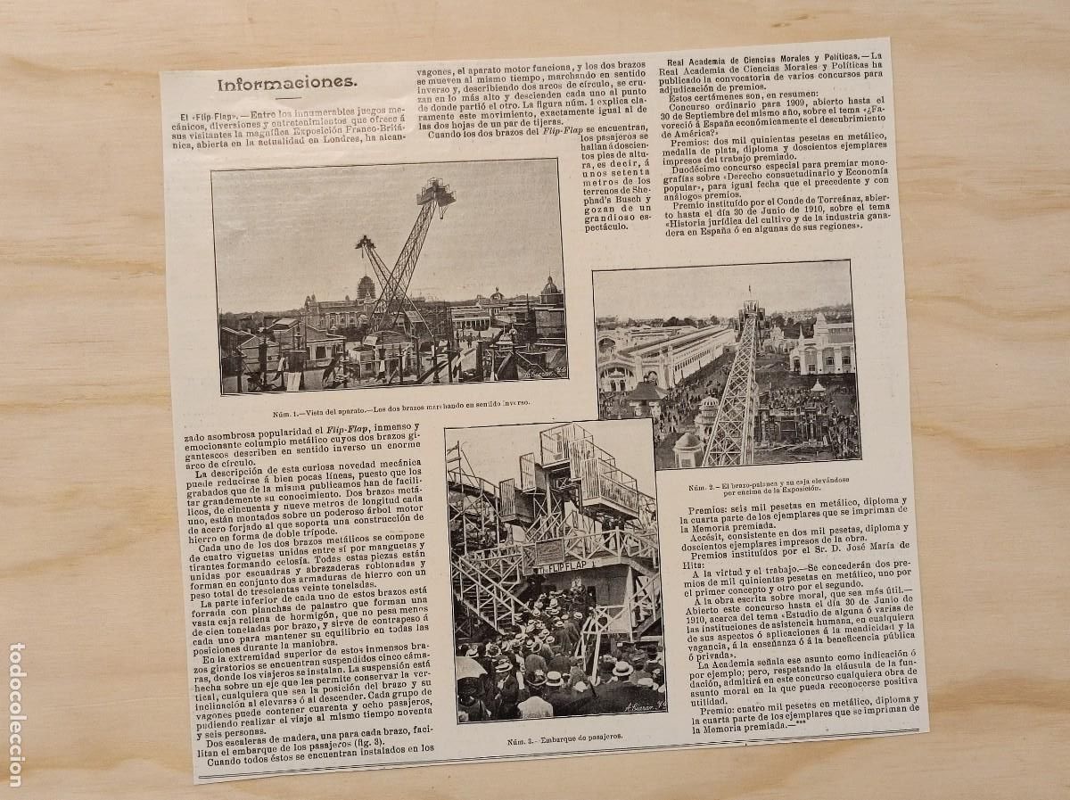 Coleccionismo de Revistas y Peri&oacute;dicos: RECORTE REVISTA ORIGINAL 1908. COLUMPIO METALICO GIGANTE FLIP FLOP, LONDRES