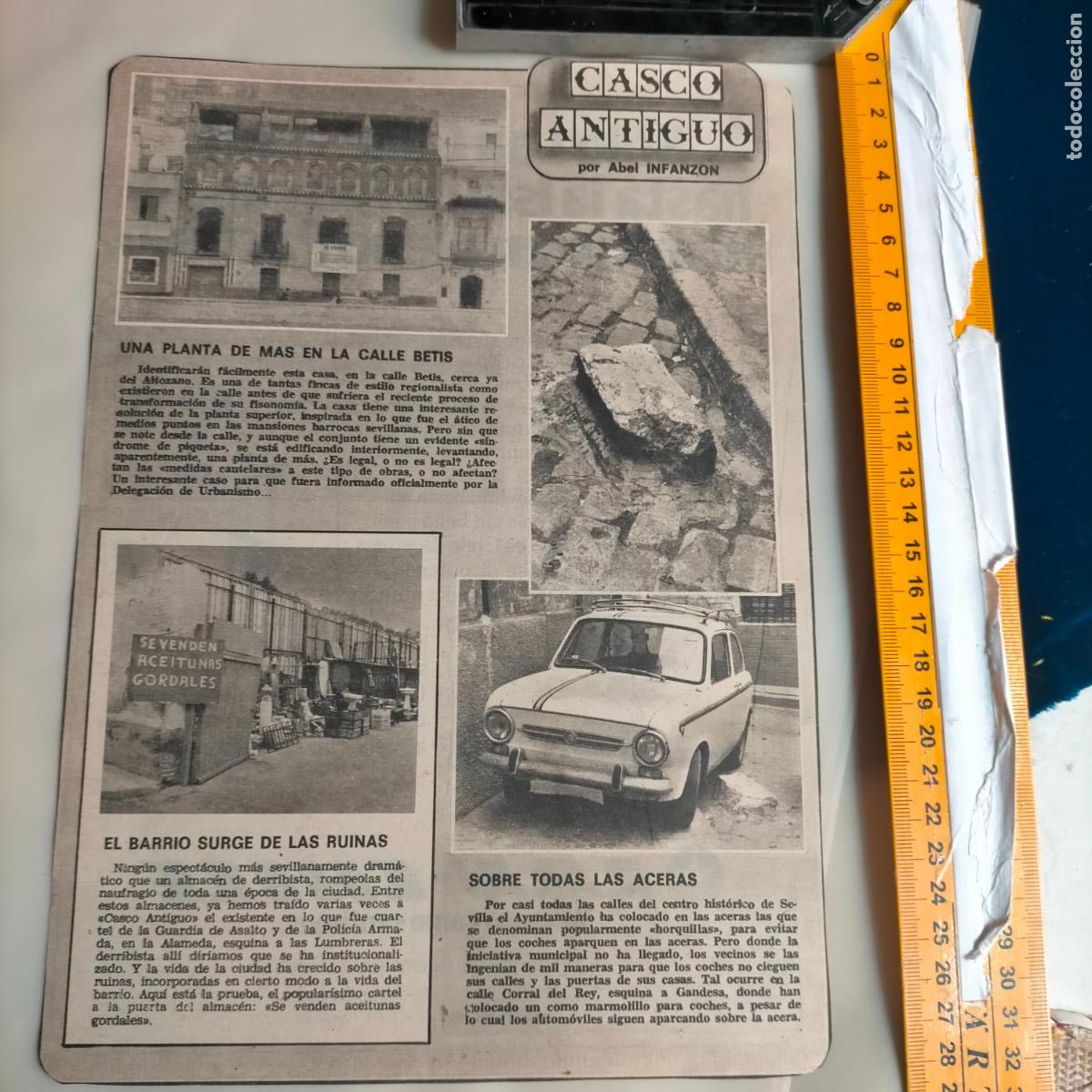 Coleccionismo de revistas y peri&oacute;dicos: NOTICIA SEVILLA CASCO ANTIGUO ANTONIO BURGOS - CALLE BETIS, VENTA DE ACEITUNAS, COCHE SEAT