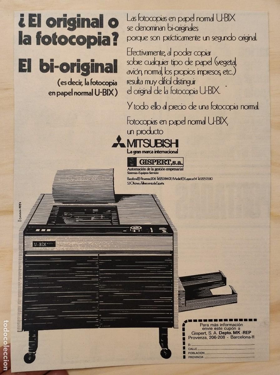 Coleccionismo de Revistas y Peri&oacute;dicos: HOJA PUBLICIDAD REVISTA ORIGINAL VINTAGE. BI-ORIGINAL, FOTOCOPIADORA PAPEL U-BIX. MITSUBISHI